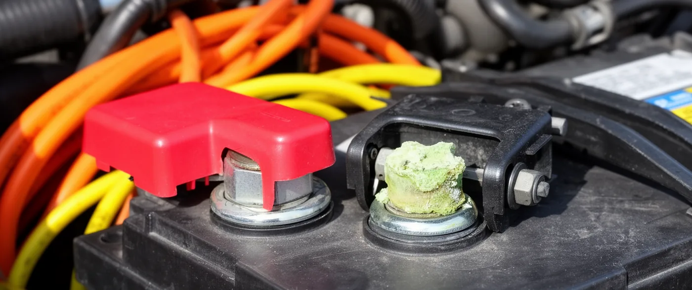 A car battery in its tray in an engine bay, terminals clamped, with pale corrosion around one post.