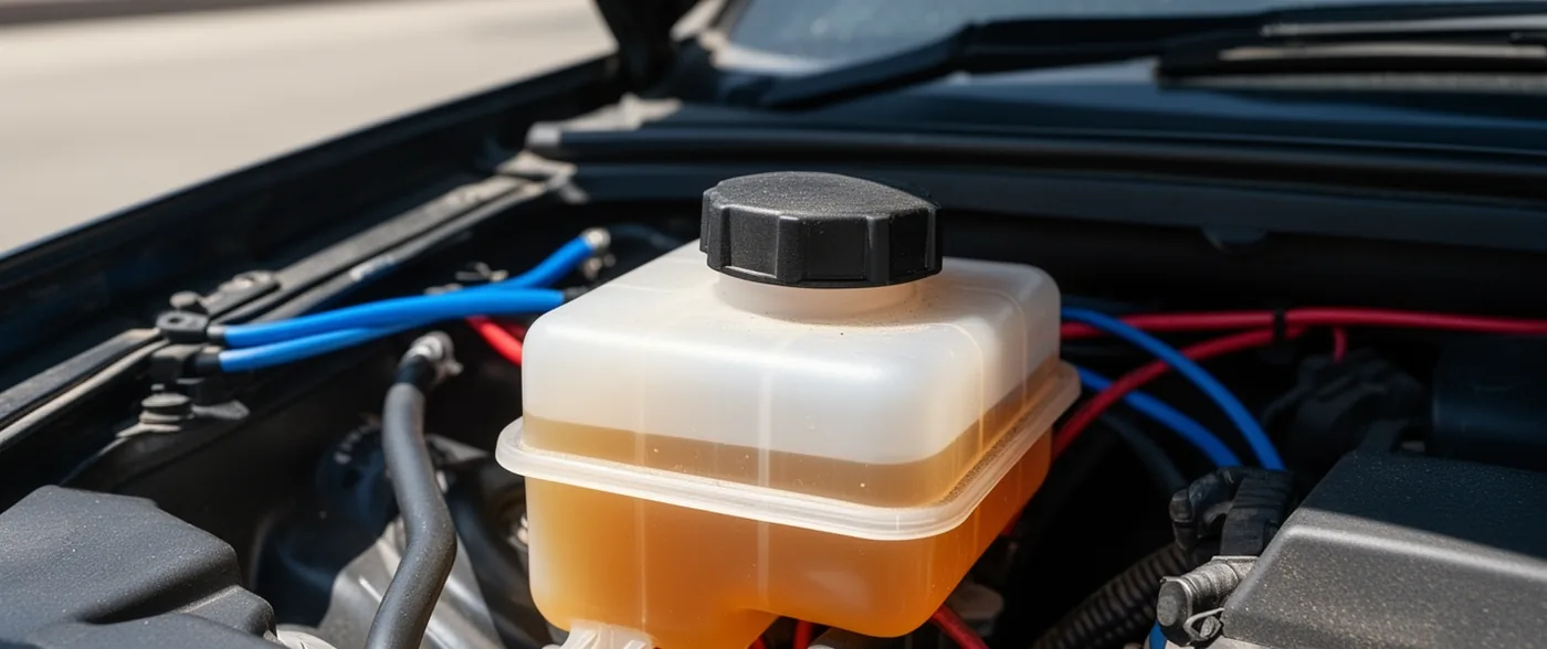 A brake fluid reservoir in an engine bay, a translucent container of amber fluid with a plain black cap.