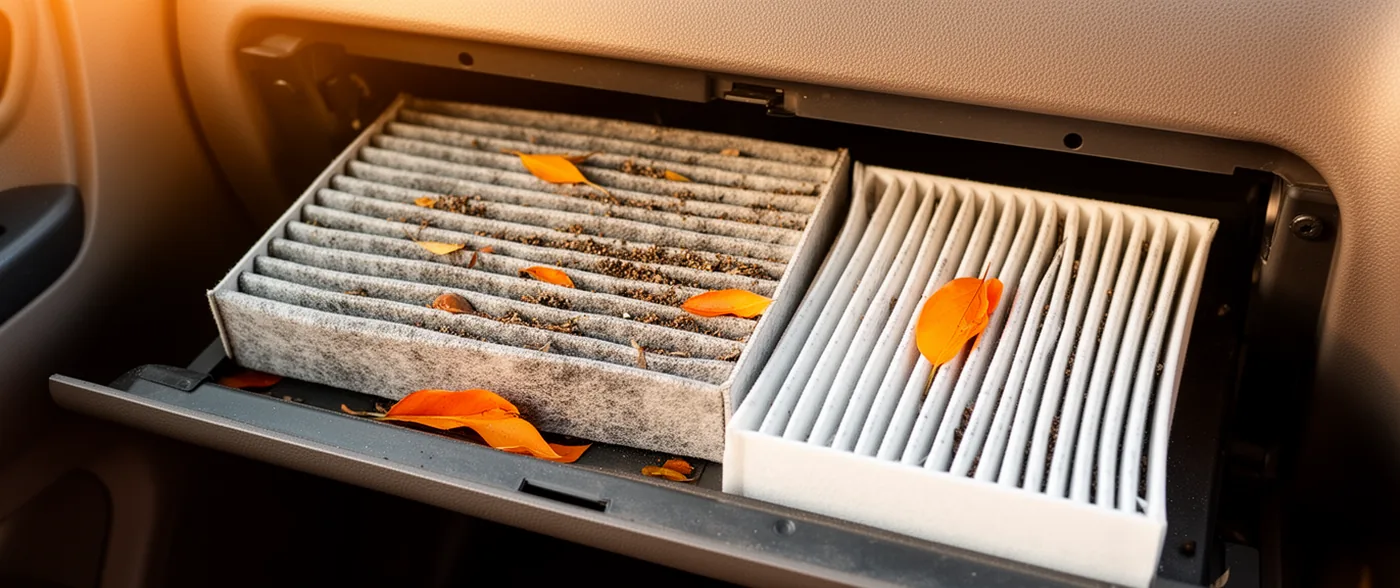 Two cabin air filters side by side in a slot: one grey and loaded with dust and leaf fragments, one clean and white.
