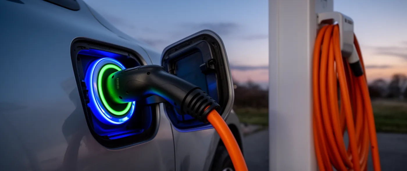 An electric car charging connector plugged into a car's charge port, the status ring lit, the cable running to a wall unit.