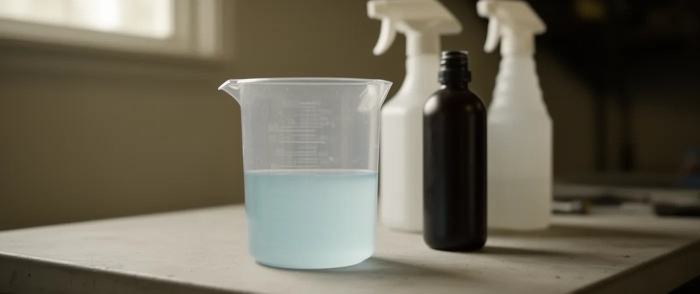 A clear plastic measuring jug holding pale blue diluted liquid on a workbench, with an unlabelled dark bottle and two plain white spray bottles standing beside it.