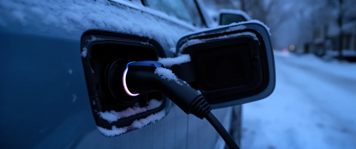 A charging connector plugged into a car's charge port, snow settled on the open flap and along the cable, a snow-covered street blurred behind at dusk.