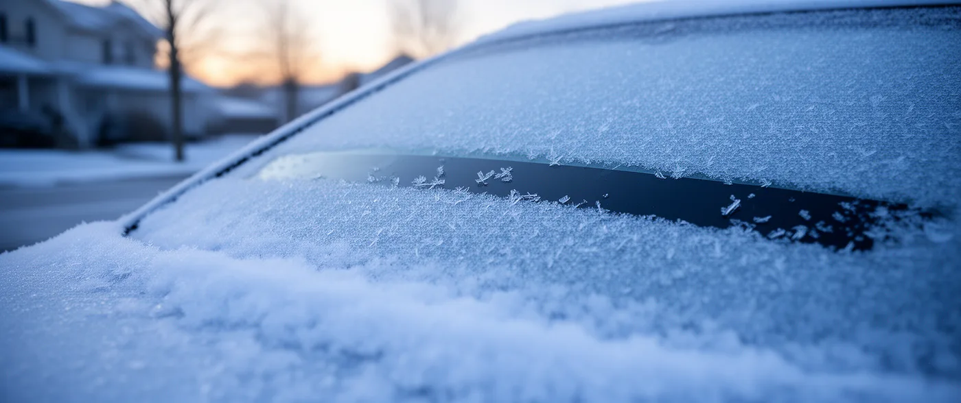 A windscreen glazed with frost at first light, one clean stripe scraped across the ice and snow lying along the bonnet.