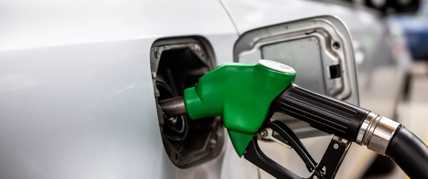 A fuel nozzle inserted into a car's filler neck, the flap open.