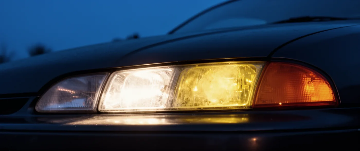 The lit headlight of an older car after dark, its plastic lens yellowed and hazed with age.
