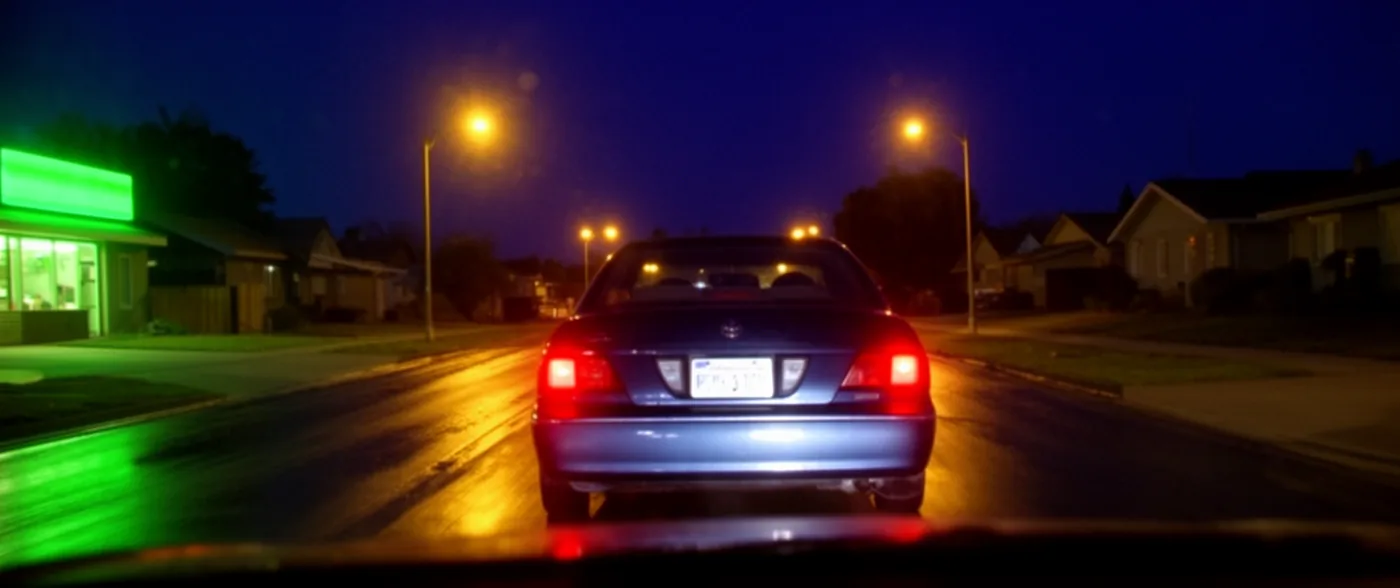 A dark suburban road at night seen from a windscreen, with the number plate of the car ahead blown out by headlight glare into an unreadable bright rectangle.