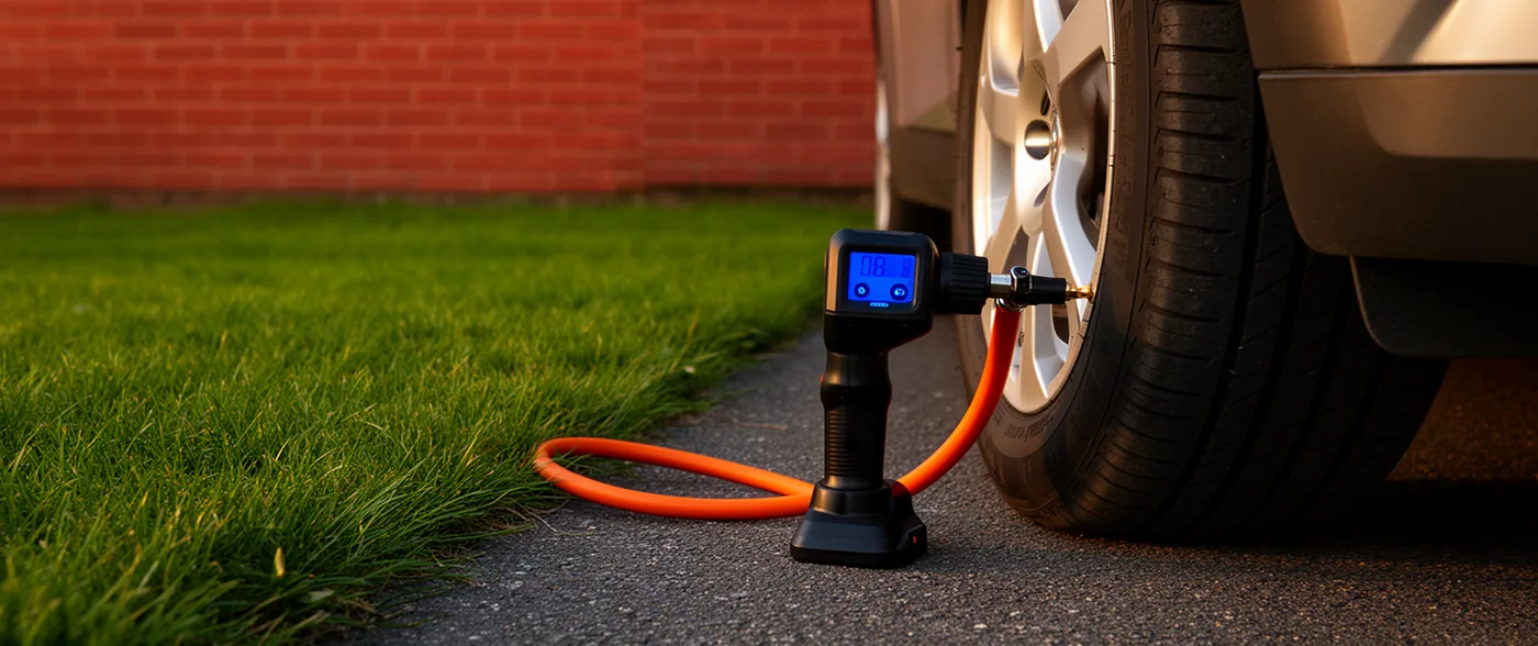 A small cordless tyre inflator on tarmac beside a wheel, its hose screwed onto the valve.