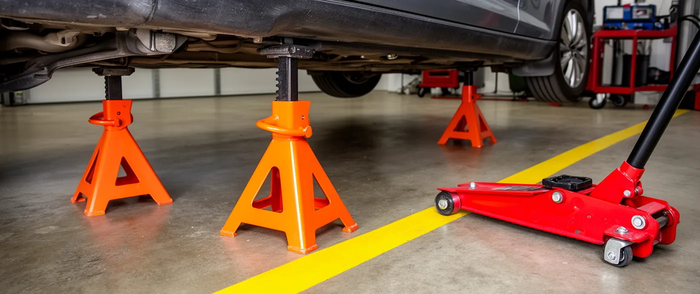 Three orange axle stands supporting a car in a workshop, with a red trolley jack beside them.