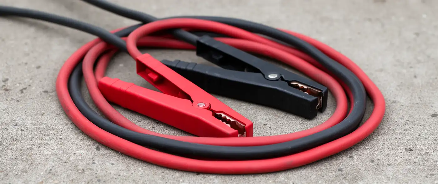 A pair of red and black jump-lead clamps lying coiled on bare concrete, their cables running out of shot.