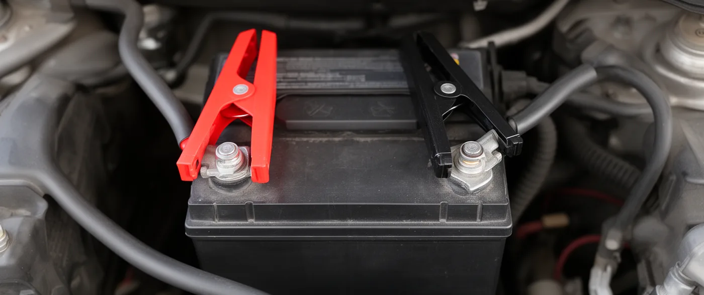 Jump leads clamped to the two posts of a car battery in an engine bay, seen from above.