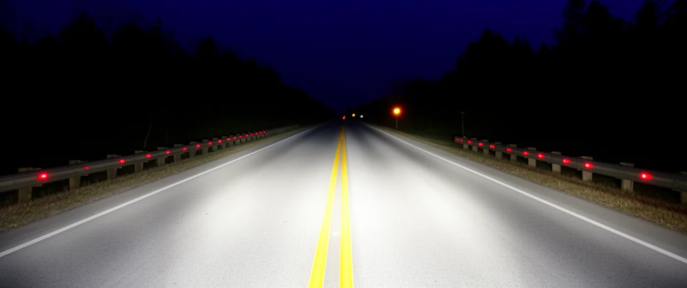 An empty road at night lit only by headlights, reflective marker posts running away down both verges.