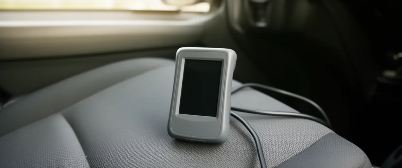 A small handheld diagnostic reader resting on a car's passenger seat, its screen dark and its cable running out of shot.