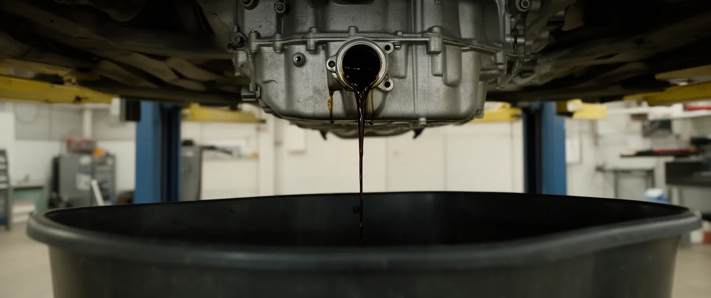 Dark used engine oil falling in a thin stream from the drain hole of a car's sump into a wide black catch pan below, seen from under a workshop lift.