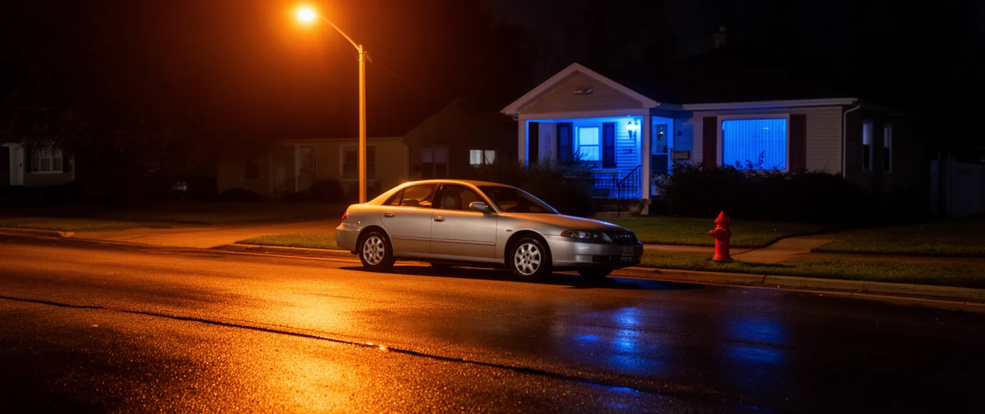 A car parked alone on a suburban street at night, street lighting pooling on the wet road.