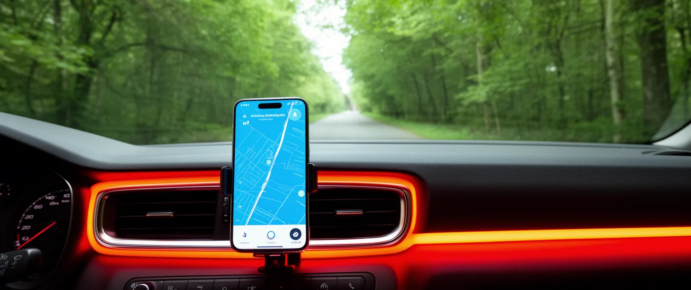 A phone in a magnetic mount clipped to a car's air vent, its screen showing a map, the road ahead through the windscreen.