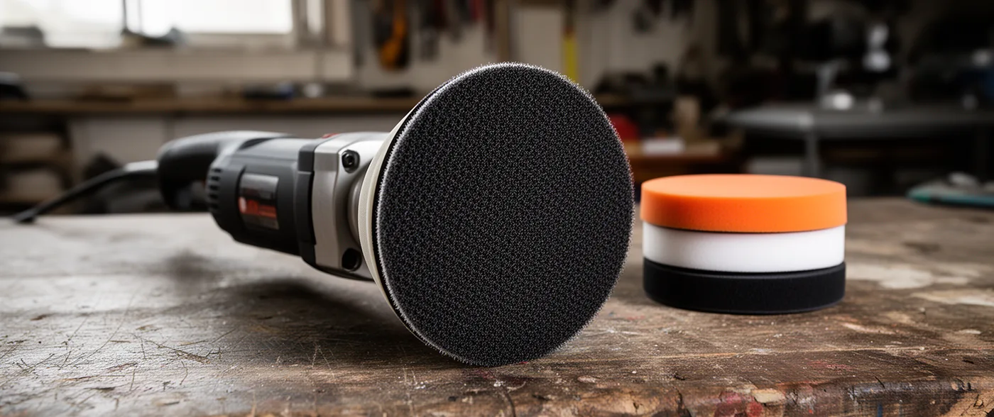 A dual-action polisher resting on a workbench with its black hook-and-loop backing plate facing the camera, beside a stack of orange, white and black foam pads.