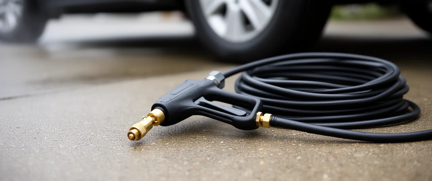 A black pressure washer trigger gun with brass fittings lying on a concrete driveway beside a neatly coiled high-pressure hose, a car tyre out of focus behind.