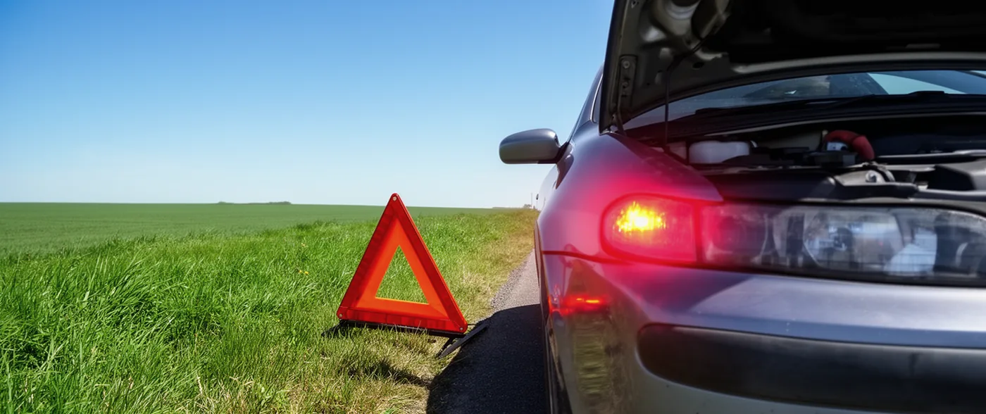 A silver car stopped at the roadside with its bonnet up and a red warning triangle set out on the verge behind it.