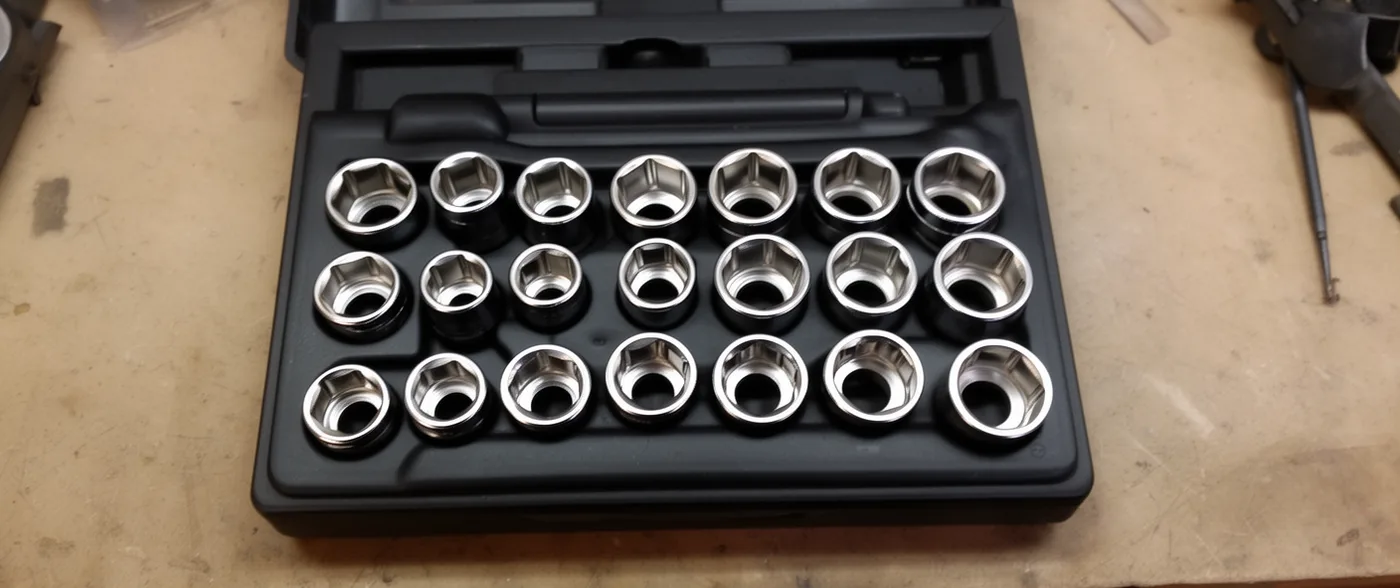 A tray of chrome sockets stood upright in a moulded case on a workbench, seen from directly above.