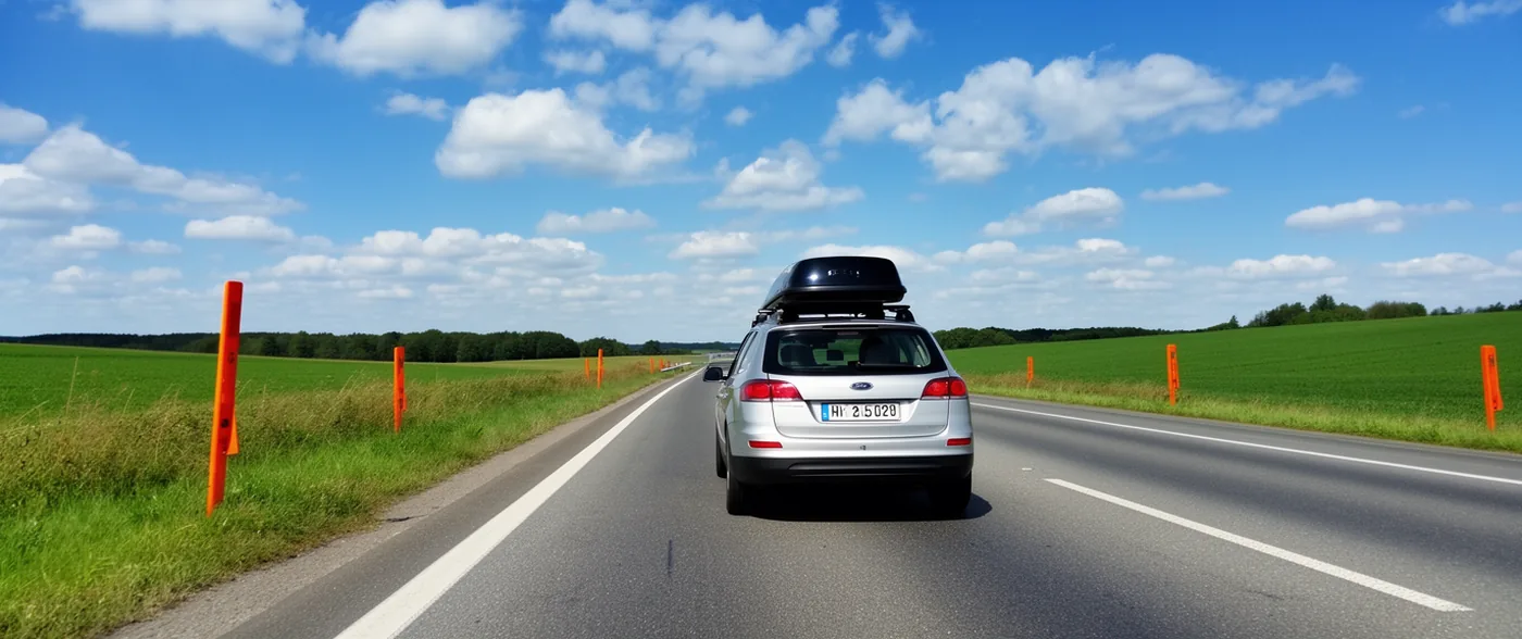 An estate car seen from behind on a motorway carrying a plain roof box on crossbars, the road blurred with speed.