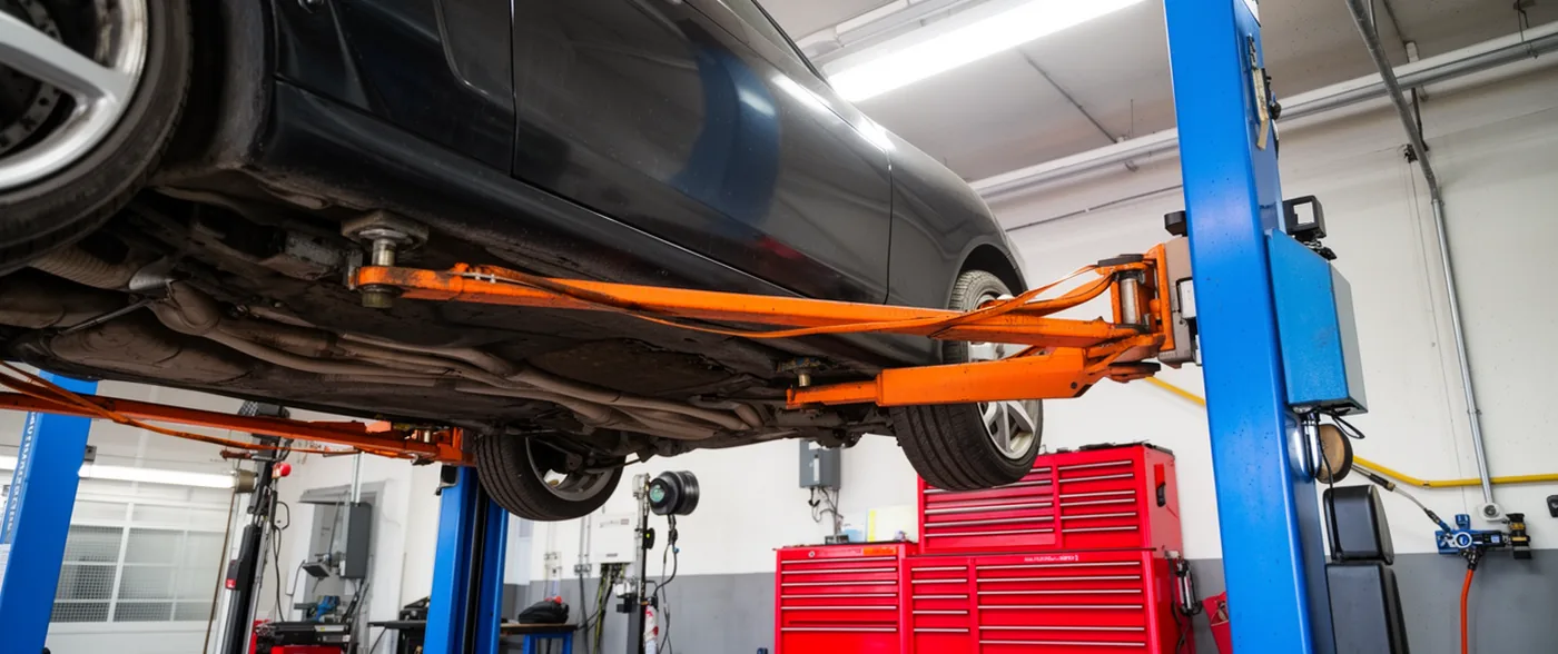 A car raised on a two-post lift in a plain workshop, wheels off the ground.