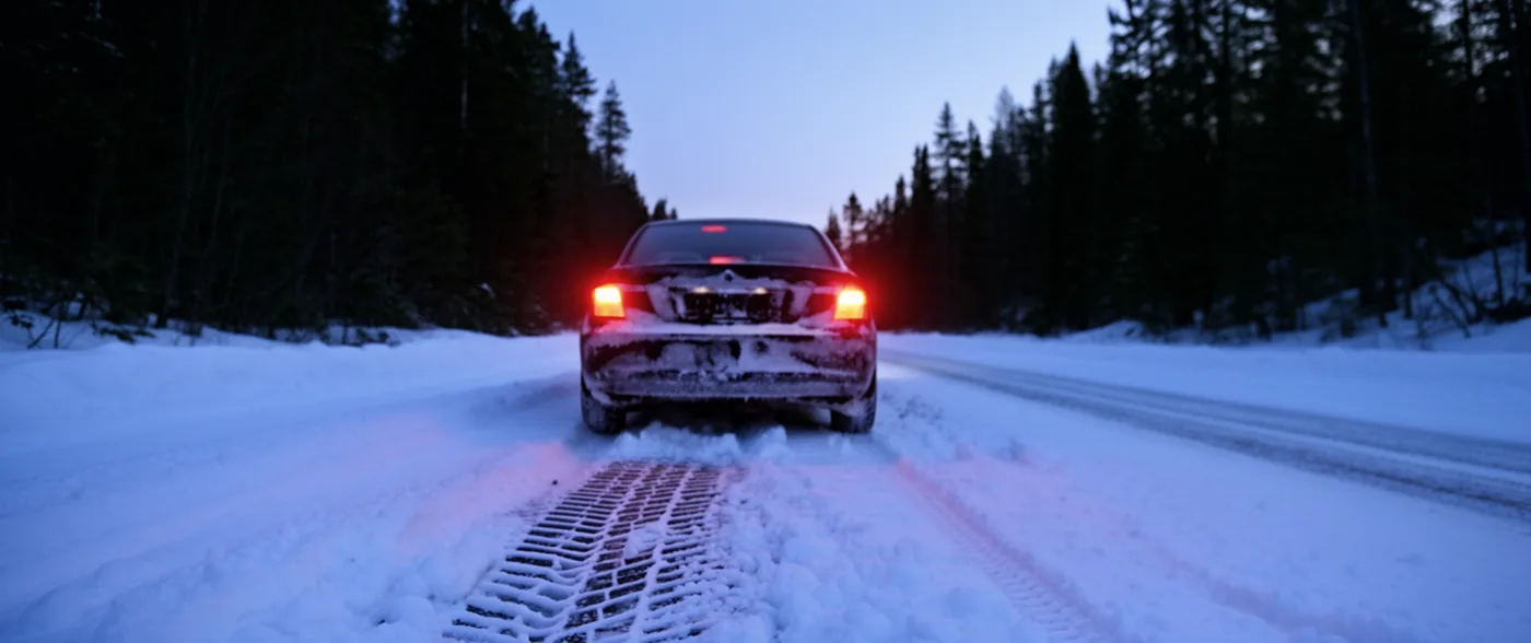 A car seen from behind on a snow-covered road at dusk, a single tyre track compacted in the snow behind it.