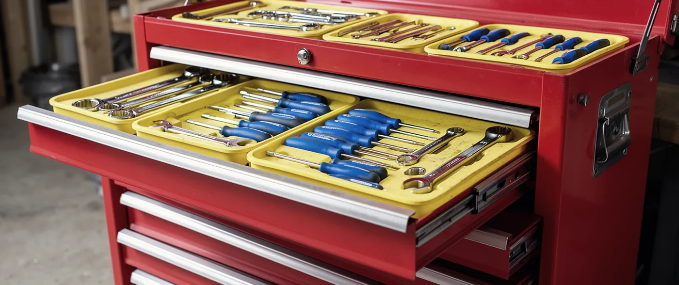 A red tool chest with its drawers open, spanners and screwdrivers laid out in yellow foam trays.