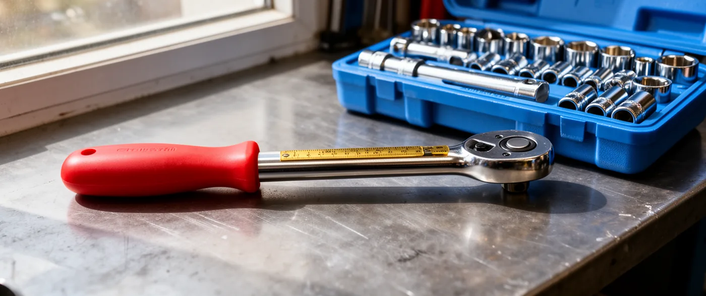 A click-type torque wrench lying on a steel workbench beside an open case of sockets.