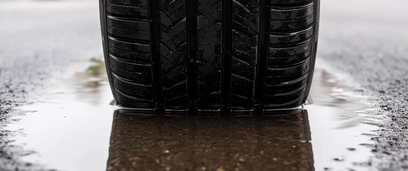 A car tyre standing in a film of water on wet tarmac, seen low and close on the tread blocks and grooves, its reflection on the wet surface below.