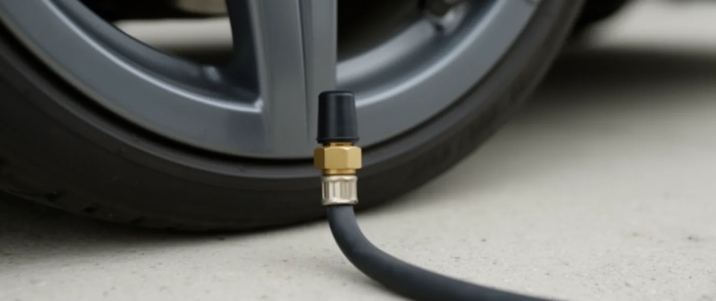 A short black valve stem rising from a dark alloy wheel with a brass air-hose coupling fitted onto it, the hose curving away across concrete.
