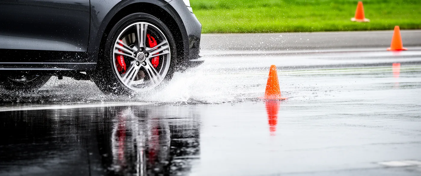 The front wheel of a car throwing a sheet of spray as it brakes on a soaking wet surface marked out with cones.